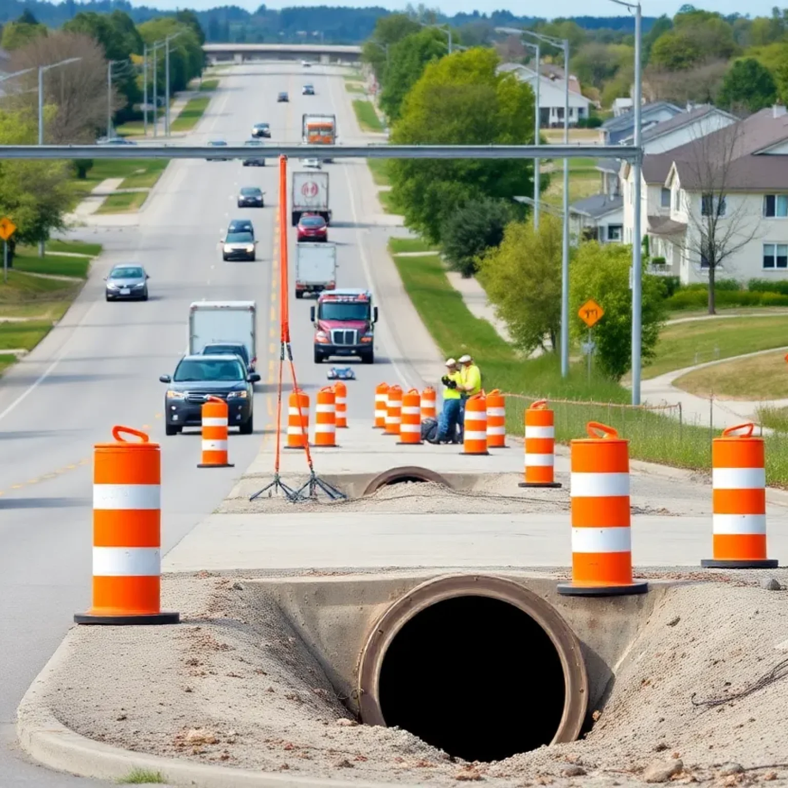 Construction work on Highway 50 with safety cones