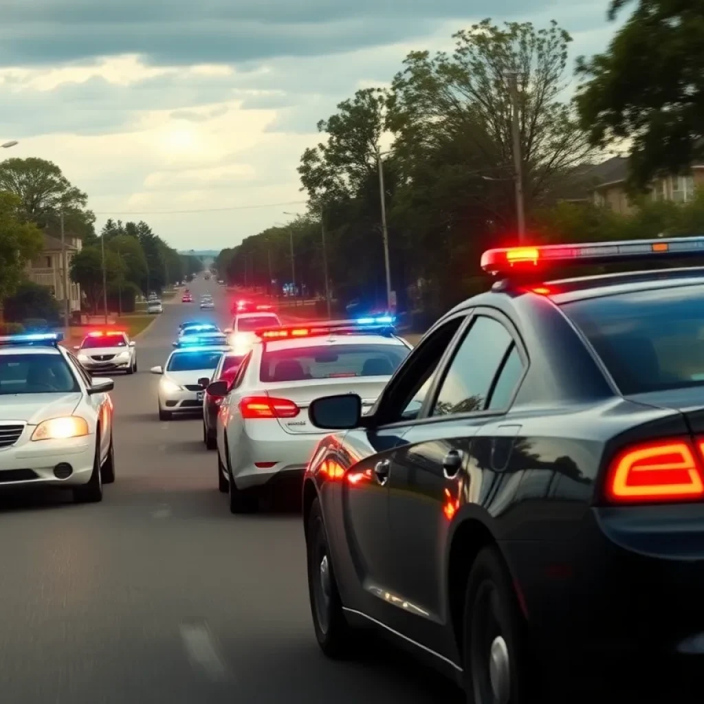 Police cars pursuing a stolen vehicle in a suburban area