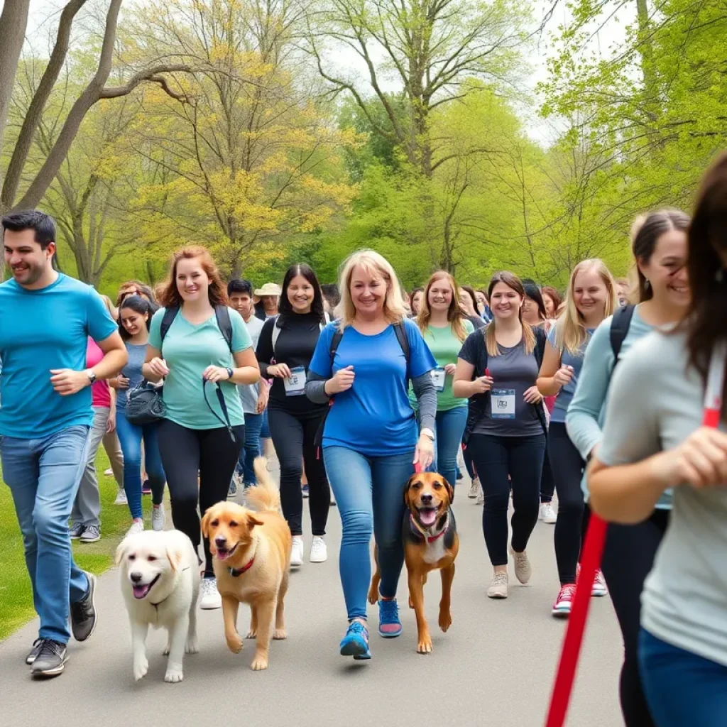 Participants in the Starkville Stride Challenge walking with dogs and fitness trackers in a park.